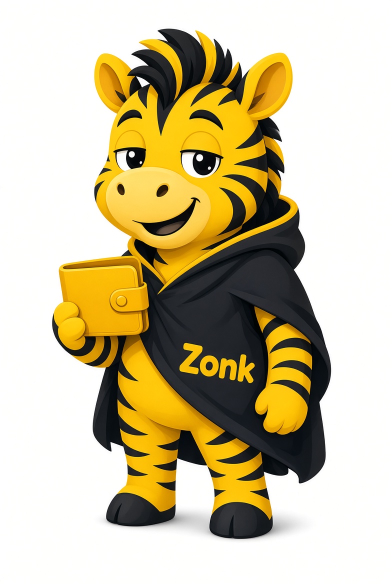 Zonk the yellow Zcash zebra holding a wallet